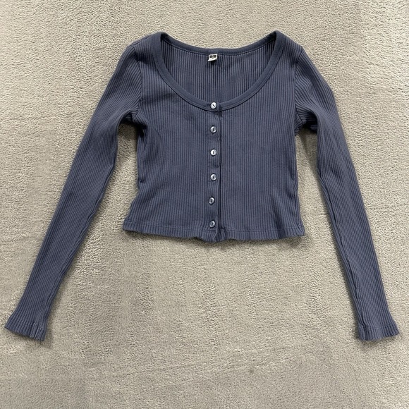 Uniqlo Tops - Uniqlo Button Top Shirt Long Sleeve Women XS Blue Ribbed Cozy Casual Normcore
